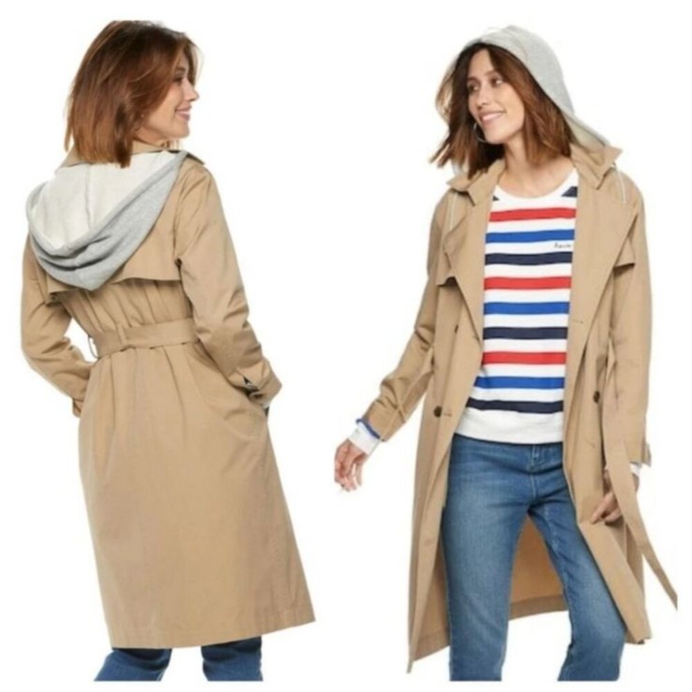 Popsugar Large Hooded Chambray Longline Trench Coat Removable Khaki Gray Belted